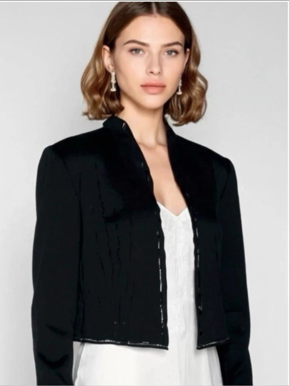 EILEEN FISHER 100% Silk Open Front Sheer Blouse Black Sequin Trim Elegant Crop